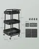 A product image showing a black three-tier rolling cart with dimensions and accompanying accessories like hooks and storage bins. Produktbild-Vorschau