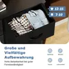 A close-up of a fabric drawer from a chest of drawers, filled with folded shirts. Text overlays describe storage features and icons indicate potential uses. Voir les images du produit