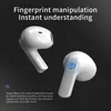 Two white wireless earbuds are shown against a black background. Text overlays describe features. Produktbild-Vorschau