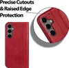 A red flip case for a smartphone is shown, with a close-up view of the camera cutout and raised edge protection. Produktbild-Vorschau