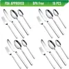 A collage of four identical sets of silverware, each set containing a knife, fork, and two spoons, arranged on a white background. Produktbild-Vorschau