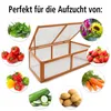 A wooden greenhouse with various fruits and vegetables arranged around it. Produktbild-Vorschau