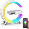 A multifunctional lamp with a wireless charger, clock, and Bluetooth speaker, shown with a smartphone controlling its lighting. Produktbild-Vorschau