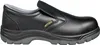 A black leather slip-on safety shoe is shown against a white background. Náhľad obrázku produktu