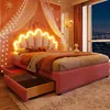 A child's bedroom with a pink bed, decorated with fairy lights and a crown-shaped headboard. Produktbild-Vorschau