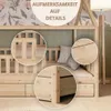 Close-up shots of a wooden children's bed with drawers, highlighting construction details and a floral wallpaper background. Produktbild-Vorschau