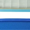 A close-up view of a white pleated filter and blue foam filter separated by a light blue plastic frame. Produktbild-Vorschau