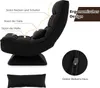 A black floor chair with diagrams and text highlighting its ergonomic features and a close-up of a zipper. Produktbild-Vorschau