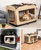 Collage of images showing a foldable dog crate in different settings: indoors, in a car trunk, and in a room. Náhled obrázku produktu