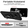A black phone case with a ring holder is shown from multiple angles, with text highlighting its features. Produktbild-Vorschau