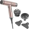 A rose-gold hairdryer and its attachments are displayed against a white background. Podgląd zdjęcia produktu
