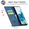 A blue phone case with card slots and a phone inside, with text overlays explaining its features. Produktbild-Vorschau