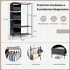 A collage showcasing a black fabric wardrobe with dimensions, organizational features, and different views of its use. Produktbild-Vorschau
