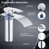 A close-up marketing image of a modern bathroom faucet, highlighting its features with text labels and inset images. Produktbild-Vorschau