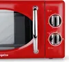 A close-up view of the control panel and handle of a red microwave. Anteprima dell’immagine prodotto