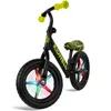 A black balance bike with yellow handlebars and seat, featuring colorful LED lights in the wheels. Produktbild-Vorschau