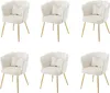 Six cream-colored chairs with gold legs are arranged in two rows of three against a white background.