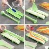 A collage of four images showing the step-by-step process of making sushi using a green sushi-making kit. Voir les images du produit