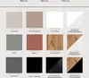 A collage of different color and material samples for furniture, with text labels and dimensions. Voir les images du produit