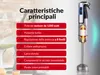 A woman is pouring liquid into a blender, with a hand blender and its features listed next to it. Anteprima dell’immagine prodotto