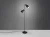 A black floor lamp with two adjustable spotlights is shown against a gray background. Produktbild-Vorschau
