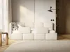 A modern bedroom with a beige bouclé bed, a side table, and curtains. Náhľad obrázku produktu