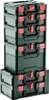A stack of dark green toolboxes with red latches and black handles, arranged vertically against a white background. Produktbild-Vorschau