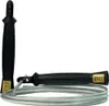 A black jump rope with a silver cable is laid out on a white background. One handle is standing upright, and the other is lying down with the cable coiled around it. Podgląd zdjęcia produktu