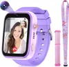 A purple smartwatch with a video call displayed on its screen, along with accessories. Produktbild-Vorschau