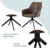 Collage showing a brown swivel chair with close-ups of its metal frame and turntable. Produktbild-Vorschau