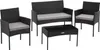 A black rattan garden furniture set with gray cushions, including two chairs, a loveseat, and a coffee table, displayed on a white background.