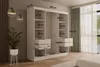 A white wardrobe with dimensions indicated by text overlays, placed in a room with a window and curtains. Produktbild-Vorschau