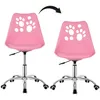 Two pink office chairs with paw print cutouts on the backrest, shown side-by-side on a white background. An arrow indicates a transformation or comparison between the two chairs. Produktbild-Vorschau