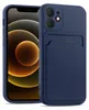 A dark blue iPhone 12 Mini case with a card slot is shown from a diagonal angle, with the phone screen visible. Anteprima dell’immagine prodotto