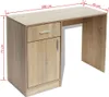 A wooden desk with a drawer and cabinet on a white background, with dimensions indicated by red lines and text. Produktbild-Vorschau