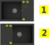 Two different configurations of a black kitchen sink with a drainer are shown, labeled 1 and 2. Each configuration has labels A, B, and C pointing to different parts of the sink. Náhled obrázku produktu
