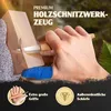 A hand is shown carving wood with a knife, with a blue bandage on the thumb. There are also icons and text highlighting product features. Produktbild-Vorschau