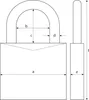 A technical drawing of a padlock with dimensions indicated by letters. Produktbild-Vorschau