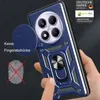 A hand is holding a blue smartphone case with a camera cover, ring holder, and fingerprint icon with a red cross. Produktbild-Vorschau