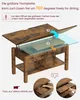An illustration showing how to operate a lift-top coffee table, with numbered steps and arrows indicating movement. The table itself is shown in a vintage brown wood finish. Voir les images du produit