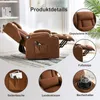 A collage of images showcasing the features of a brown recliner chair. Podgląd zdjęcia produktu