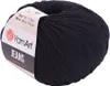 A ball of black yarn with a label. Produktbild-Vorschau