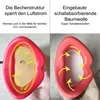 Two views of a red vocal dampener, with text overlays explaining its features. Produktbild-Vorschau