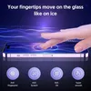 A hand is shown touching a smartphone screen, with abstract wavy lines in the background. Below the phone are four circular icons with text describing product features. Produktbild-Vorschau