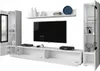 A white modular living room furniture set with a television, media console, and display cabinets. Náhľad obrázku produktu