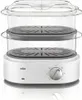A white electric steamer with two transparent tiers and a clear lid, set against a white background. Voir les images du produit