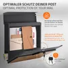 A dark gray mailbox with a wood-effect front is shown open, displaying mail inside. Text overlays describe its features. Produktbild-Vorschau