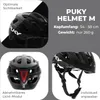 Collage of images showing a black Puky helmet from different angles, with text describing its features. Náhľad obrázku produktu
