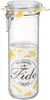 A clear glass jar with a metal clasp lid, decorated with a patterned paper band featuring pasta shapes and brand labeling. Produktbild-Vorschau
