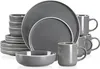 A set of grey stoneware dishes and mugs are neatly arranged. Produktbild-Vorschau